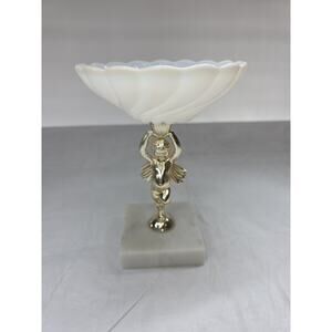Vintage Marble Based Cherub Angel Milk Glass Soap Dish candy Italy 1970's 7" T